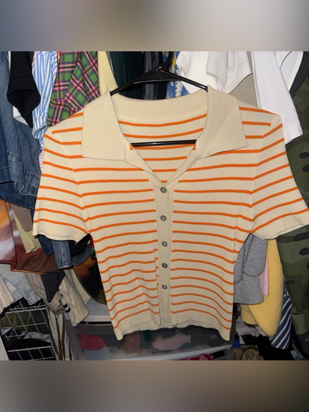 SHEIN Cream & Orange Striped Short-Sleeve Button Down Knit Top